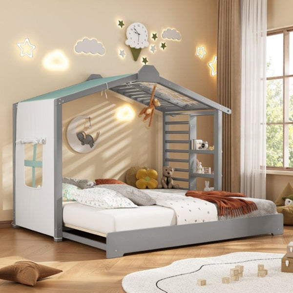 English Elm Twin Pine House Bed with Pull Out Trundle Built in Shelf and Tent for Kids Gray LP000149AAE