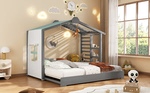 English Elm Twin Pine House Bed with Pull Out Trundle Built in Shelf and Tent for Kids Gray LP000149AAE