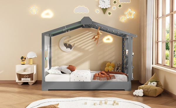 English Elm Twin Pine House Bed with Pull Out Trundle Built in Shelf and Tent for Kids Gray LP000149AAE