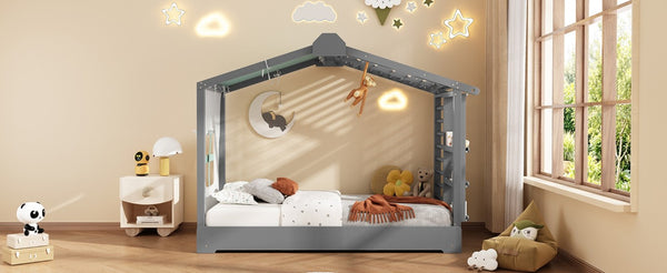 English Elm Twin Pine House Bed with Pull Out Trundle Built in Shelf and Tent for Kids Gray LP000149AAE