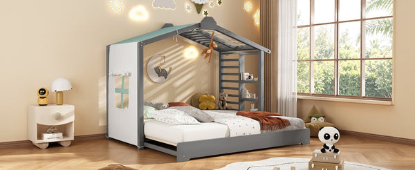 English Elm Twin Pine House Bed with Pull Out Trundle Built in Shelf and Tent for Kids Gray LP000149AAE