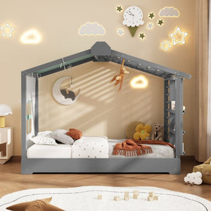English Elm Twin Pine House Bed with Pull Out Trundle Built in Shelf and Tent for Kids Gray LP000149AAE