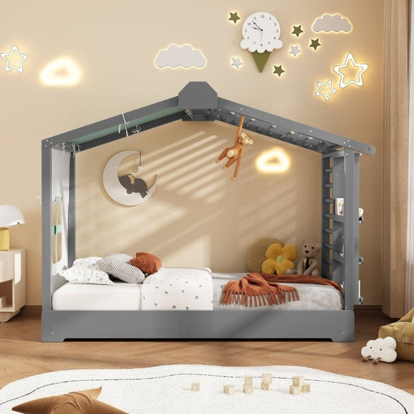 English Elm Twin Pine House Bed with Pull Out Trundle Built in Shelf and Tent for Kids Gray LP000149AAE