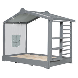 English Elm Twin Pine House Bed with Pull Out Trundle Built in Shelf and Tent for Kids Gray LP000149AAE