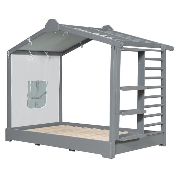 English Elm Twin Pine House Bed with Pull Out Trundle Built in Shelf and Tent for Kids Gray LP000149AAE