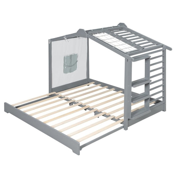 English Elm Twin Pine House Bed with Pull Out Trundle Built in Shelf and Tent for Kids Gray LP000149AAE