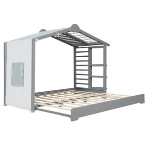 English Elm Twin Pine House Bed with Pull Out Trundle Built in Shelf and Tent for Kids Gray LP000149AAE