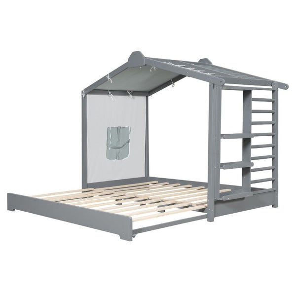 English Elm Twin Pine House Bed with Pull Out Trundle Built in Shelf and Tent for Kids Gray LP000149AAE