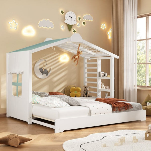 English Elm Twin Pine House Bed with Pull Out Trundle Built in Shelf and Tent for Kids White LP000149AAK