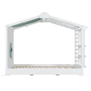 English Elm Twin Pine House Bed with Pull Out Trundle Built in Shelf and Tent for Kids White LP000149AAK