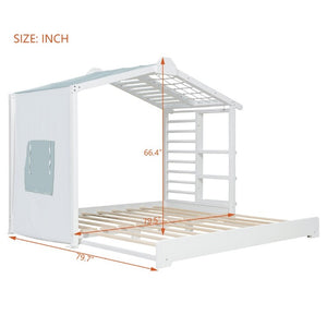 English Elm Twin Pine House Bed with Pull Out Trundle Built in Shelf and Tent for Kids White LP000149AAK