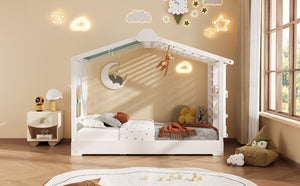 English Elm Twin Pine House Bed with Pull Out Trundle Built in Shelf and Tent for Kids White LP000149AAK