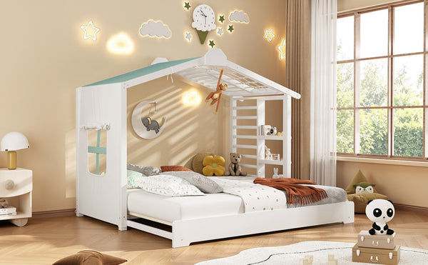 English Elm Twin Pine House Bed with Pull Out Trundle Built in Shelf and Tent for Kids White LP000149AAK
