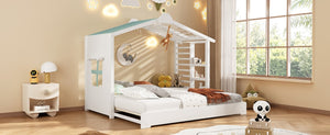 English Elm Twin Pine House Bed with Pull Out Trundle Built in Shelf and Tent for Kids White LP000149AAK