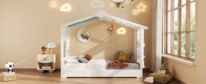English Elm Twin Pine House Bed with Pull Out Trundle Built in Shelf and Tent for Kids White LP000149AAK
