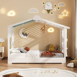English Elm Twin Pine House Bed with Pull Out Trundle Built in Shelf and Tent for Kids White LP000149AAK