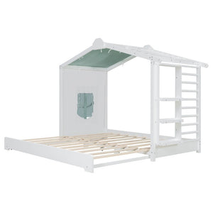 English Elm Twin Pine House Bed with Pull Out Trundle Built in Shelf and Tent for Kids White LP000149AAK