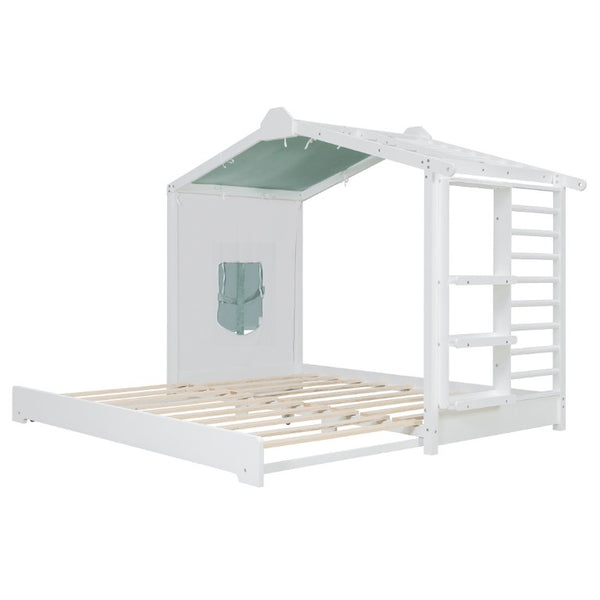 English Elm Twin Pine House Bed with Pull Out Trundle Built in Shelf and Tent for Kids White LP000149AAK