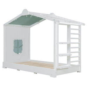 English Elm Twin Pine House Bed with Pull Out Trundle Built in Shelf and Tent for Kids White LP000149AAK