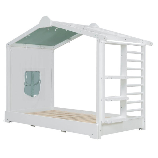 English Elm Twin Pine House Bed with Pull Out Trundle Built in Shelf and Tent for Kids White LP000149AAK