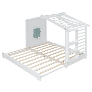 English Elm Twin Pine House Bed with Pull Out Trundle Built in Shelf and Tent for Kids White LP000149AAK