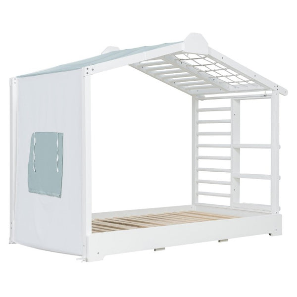 English Elm Twin Pine House Bed with Pull Out Trundle Built in Shelf and Tent for Kids White LP000149AAK