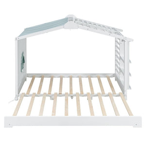 English Elm Twin Pine House Bed with Pull Out Trundle Built in Shelf and Tent for Kids White LP000149AAK