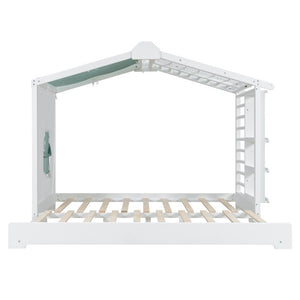 English Elm Twin Pine House Bed with Pull Out Trundle Built in Shelf and Tent for Kids White LP000149AAK