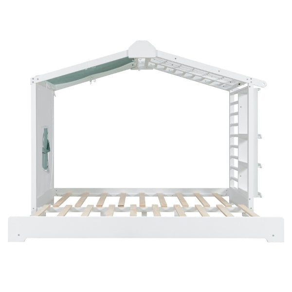 English Elm Twin Pine House Bed with Pull Out Trundle Built in Shelf and Tent for Kids White LP000149AAK