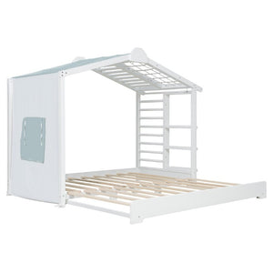 English Elm Twin Pine House Bed with Pull Out Trundle Built in Shelf and Tent for Kids White LP000149AAK