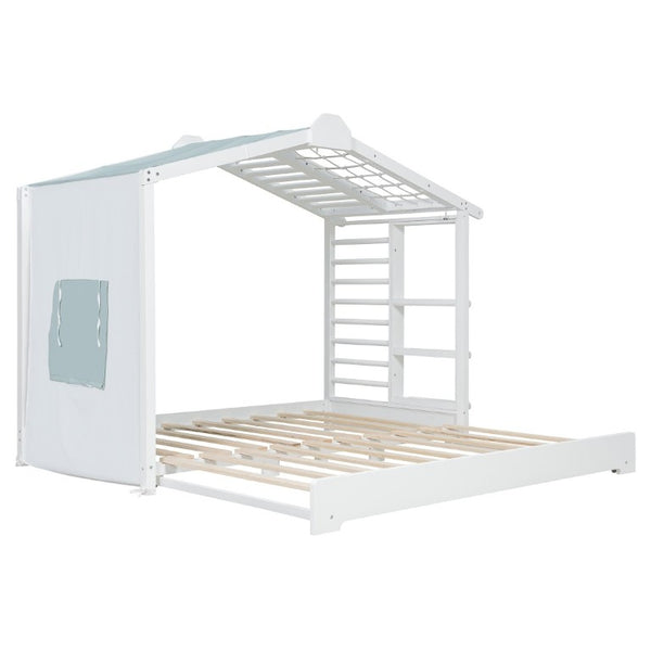 English Elm Twin Pine House Bed with Pull Out Trundle Built in Shelf and Tent for Kids White LP000149AAK