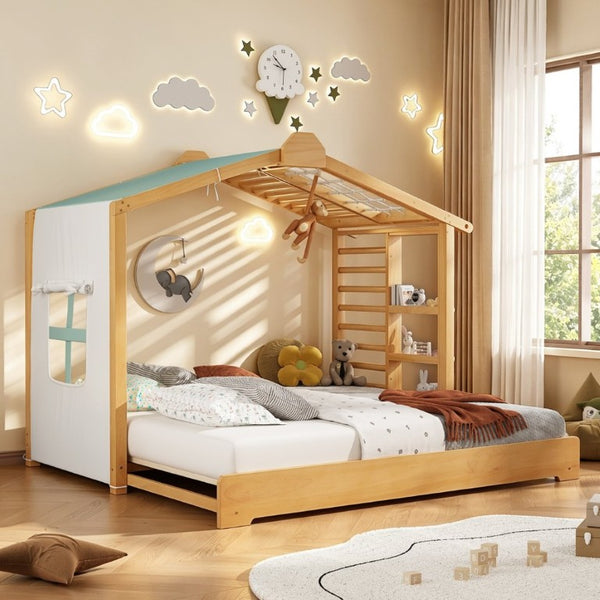 English Elm Twin Pine House Bed with Pull Out Trundle Built in Shelf and Tent for Kids Natural LP000149AAN