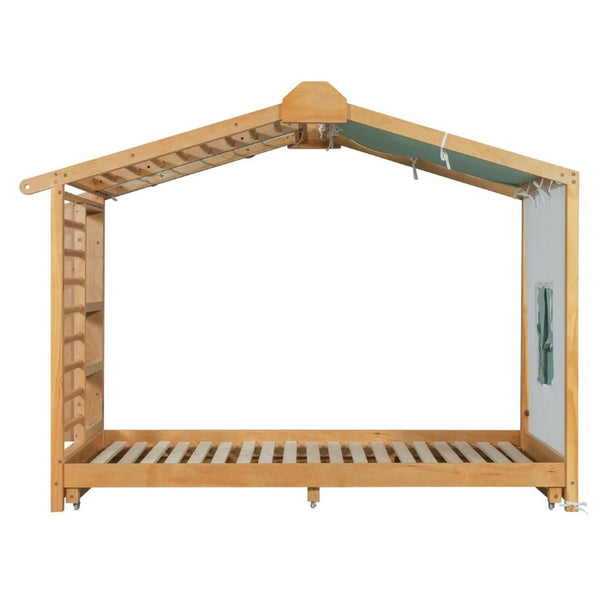English Elm Twin Pine House Bed with Pull Out Trundle Built in Shelf and Tent for Kids Natural LP000149AAN
