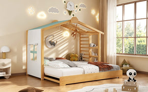 English Elm Twin Pine House Bed with Pull Out Trundle Built in Shelf and Tent for Kids Natural LP000149AAN