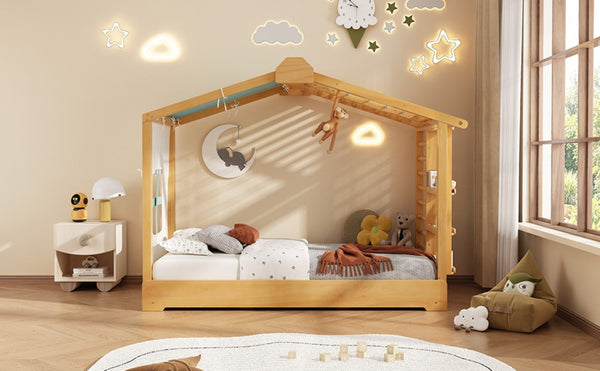 English Elm Twin Pine House Bed with Pull Out Trundle Built in Shelf and Tent for Kids Natural LP000149AAN