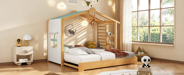 English Elm Twin Pine House Bed with Pull Out Trundle Built in Shelf and Tent for Kids Natural LP000149AAN