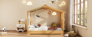 English Elm Twin Pine House Bed with Pull Out Trundle Built in Shelf and Tent for Kids Natural LP000149AAN