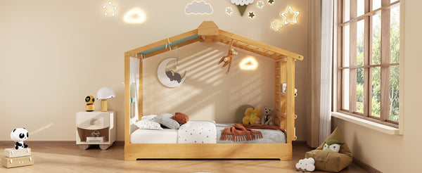English Elm Twin Pine House Bed with Pull Out Trundle Built in Shelf and Tent for Kids Natural LP000149AAN