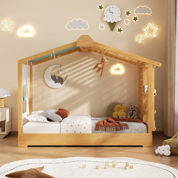 English Elm Twin Pine House Bed with Pull Out Trundle Built in Shelf and Tent for Kids Natural LP000149AAN