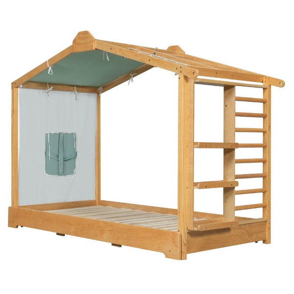 English Elm Twin Pine House Bed with Pull Out Trundle Built in Shelf and Tent for Kids Natural LP000149AAN