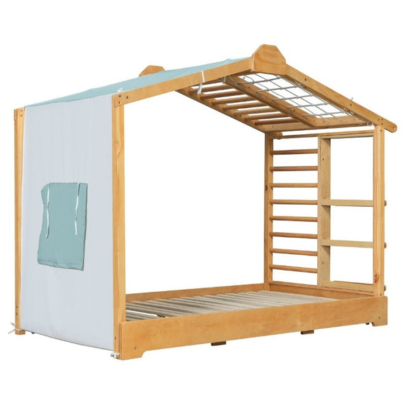 English Elm Twin Pine House Bed with Pull Out Trundle Built in Shelf and Tent for Kids Natural LP000149AAN
