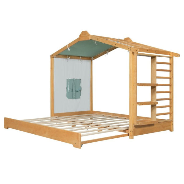 English Elm Twin Pine House Bed with Pull Out Trundle Built in Shelf and Tent for Kids Natural LP000149AAN