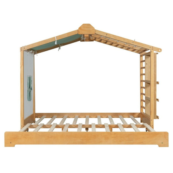 English Elm Twin Pine House Bed with Pull Out Trundle Built in Shelf and Tent for Kids Natural LP000149AAN