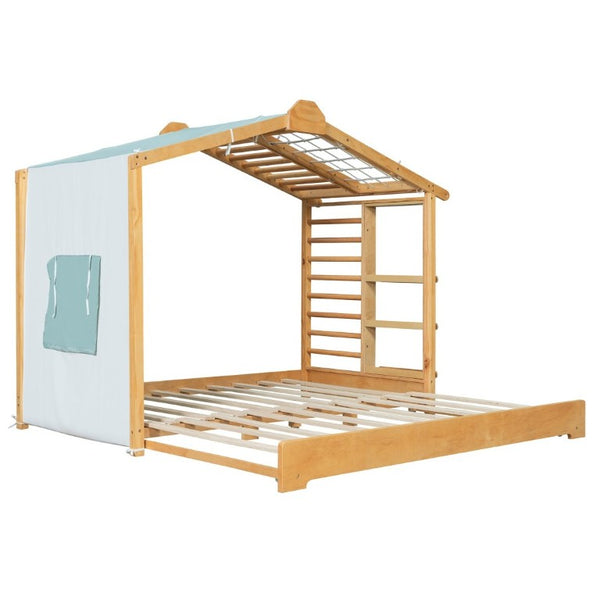 English Elm Twin Pine House Bed with Pull Out Trundle Built in Shelf and Tent for Kids Natural LP000149AAN