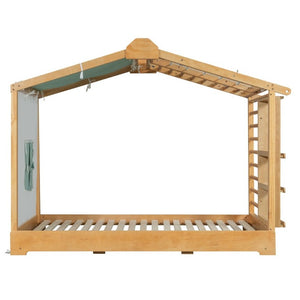 English Elm Twin Pine House Bed with Pull Out Trundle Built in Shelf and Tent for Kids Natural LP000149AAN
