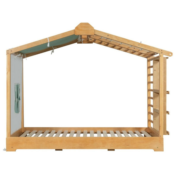English Elm Twin Pine House Bed with Pull Out Trundle Built in Shelf and Tent for Kids Natural LP000149AAN