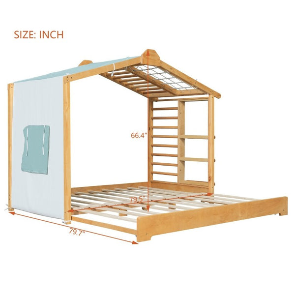 English Elm Twin Pine House Bed with Pull Out Trundle Built in Shelf and Tent for Kids Natural LP000149AAN