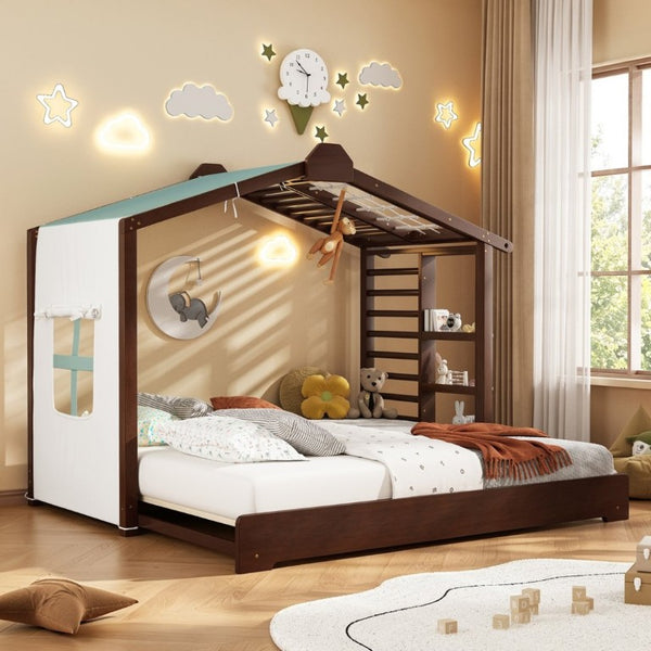 English Elm Twin Pine House Bed with Pull Out Trundle Built in Shelf and Tent for Kids Espresso LP000149AAP