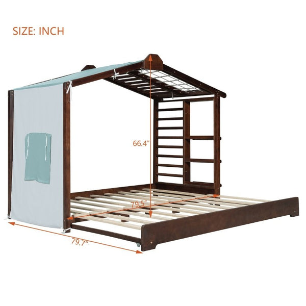 English Elm Twin Pine House Bed with Pull Out Trundle Built in Shelf and Tent for Kids Espresso LP000149AAP