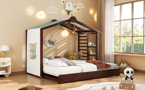 English Elm Twin Pine House Bed with Pull Out Trundle Built in Shelf and Tent for Kids Espresso LP000149AAP